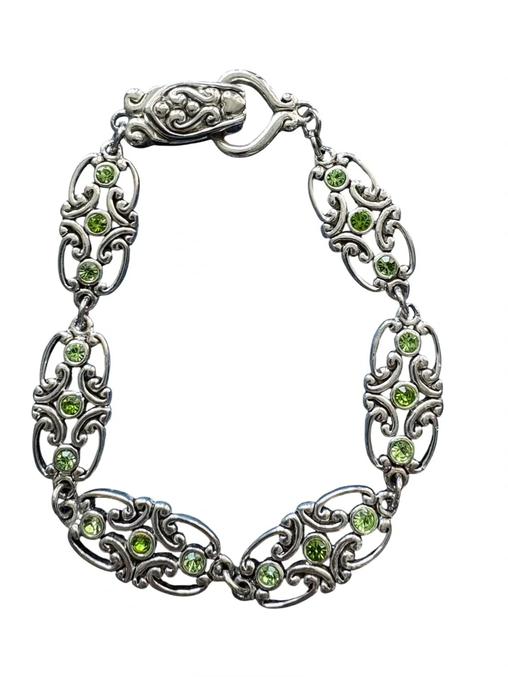 Vintage Silver Tone Filigree Link Bracelet Ornate Scrollwork & Green Crystals